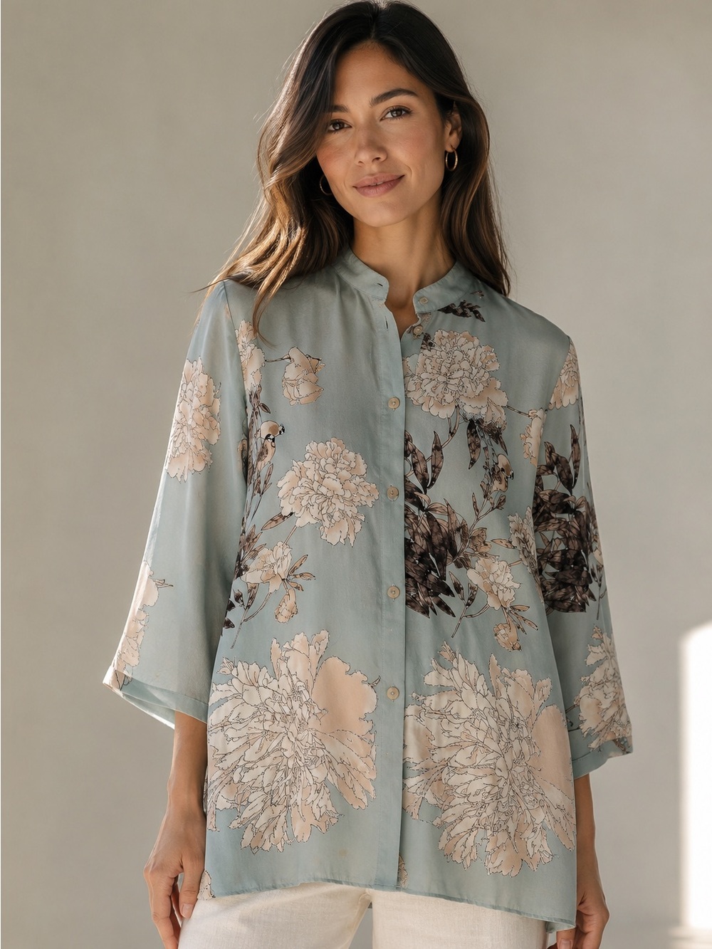 Citron Santa Monica 100% Silk Beaded Floral Bird Tunic Blouse Dusty Blue Sz S